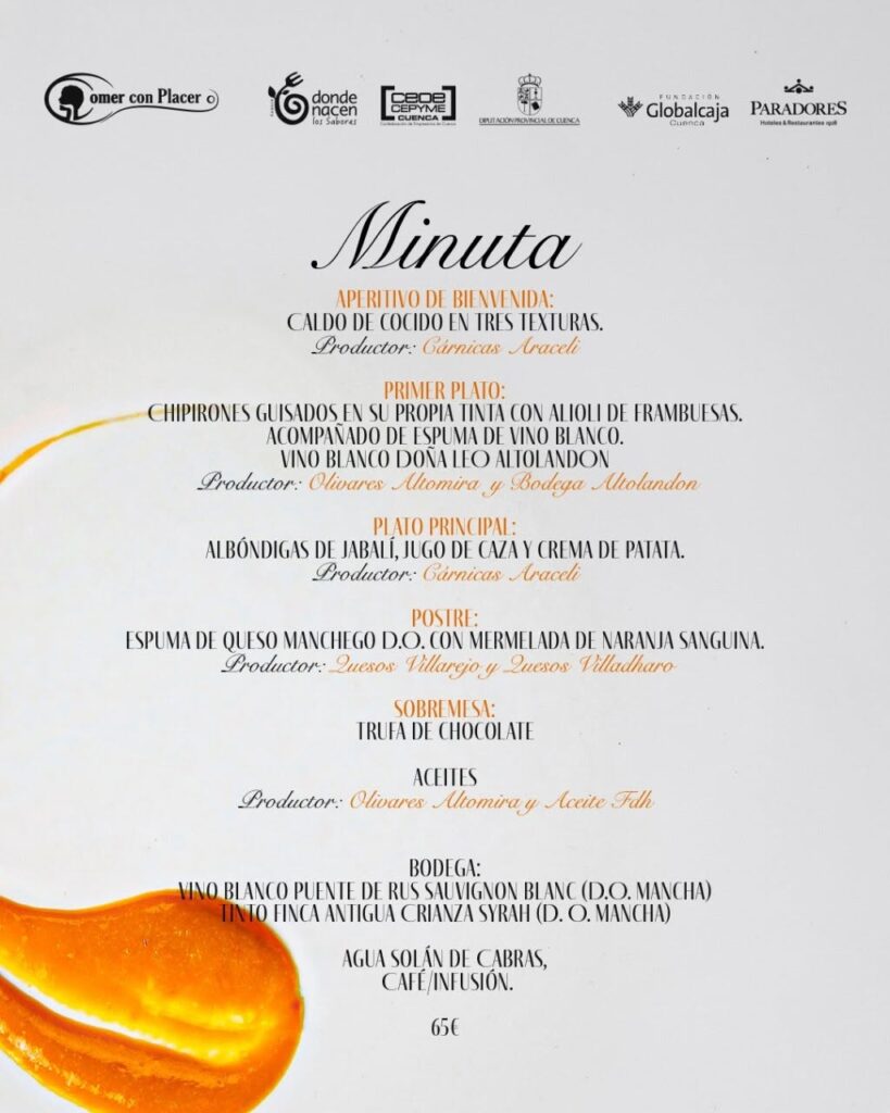 Minuta de la Cena Maridaje de los Sentidos en el Parador de Cuenca