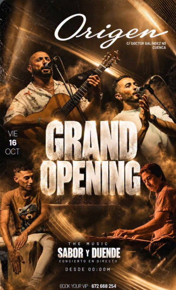 Cartel de la inauguración de Origen, en Cuenca, con Sabor y Duende