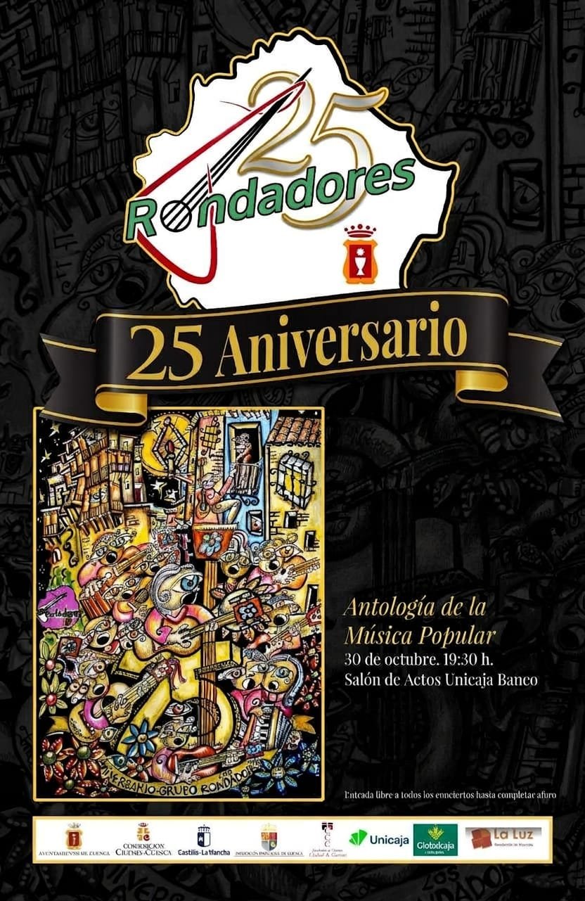 Cartel del 25 aniversario del grupo Rondadores: «Antología de la Música Popular», 30 de octubre a las 19:30 h en el salón de actos de Unicaja Banco