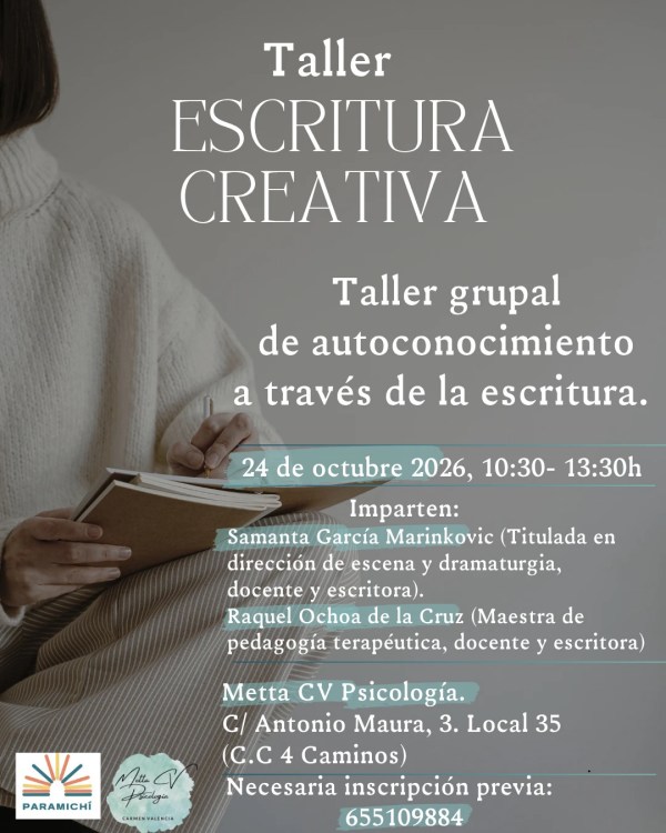 Cartel del taller de escritura creativa en Metta CV Psicología de Cuenca